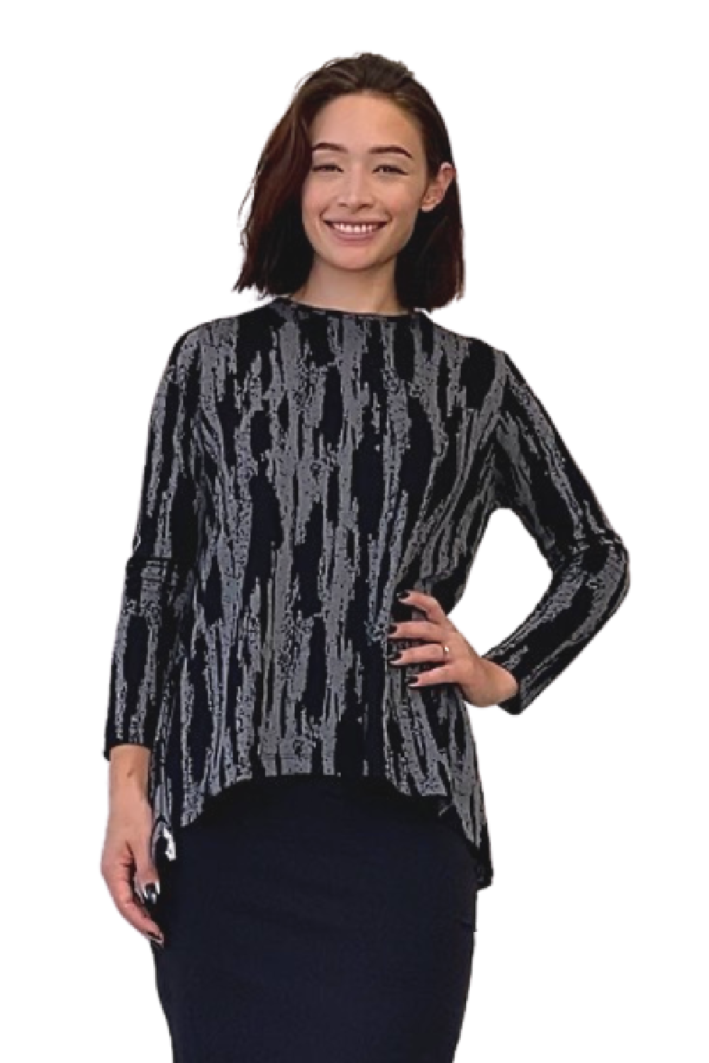 Long Sleeve Women's Printed Tunic Top with Handkerchief Hem