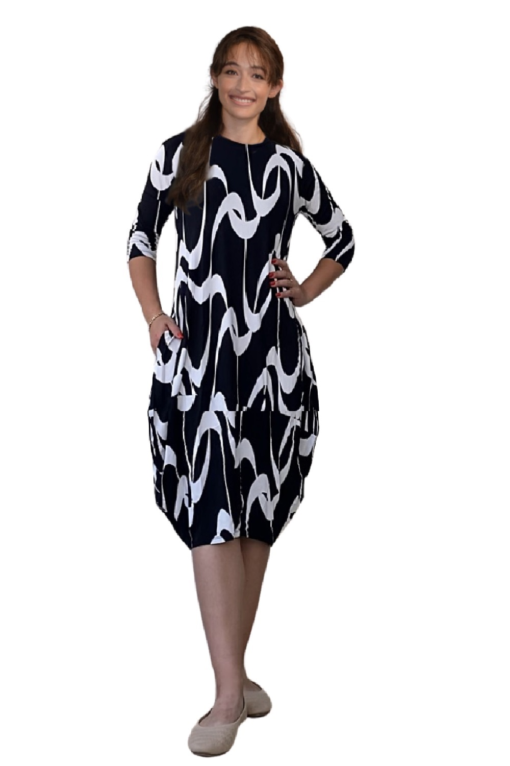 3/4 Sleeve Tulip Cocoon Dress - Mid-Calf Length with Pockets