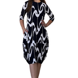 3/4 Sleeve Tulip Cocoon Dress - Mid-Calf Length with Pockets