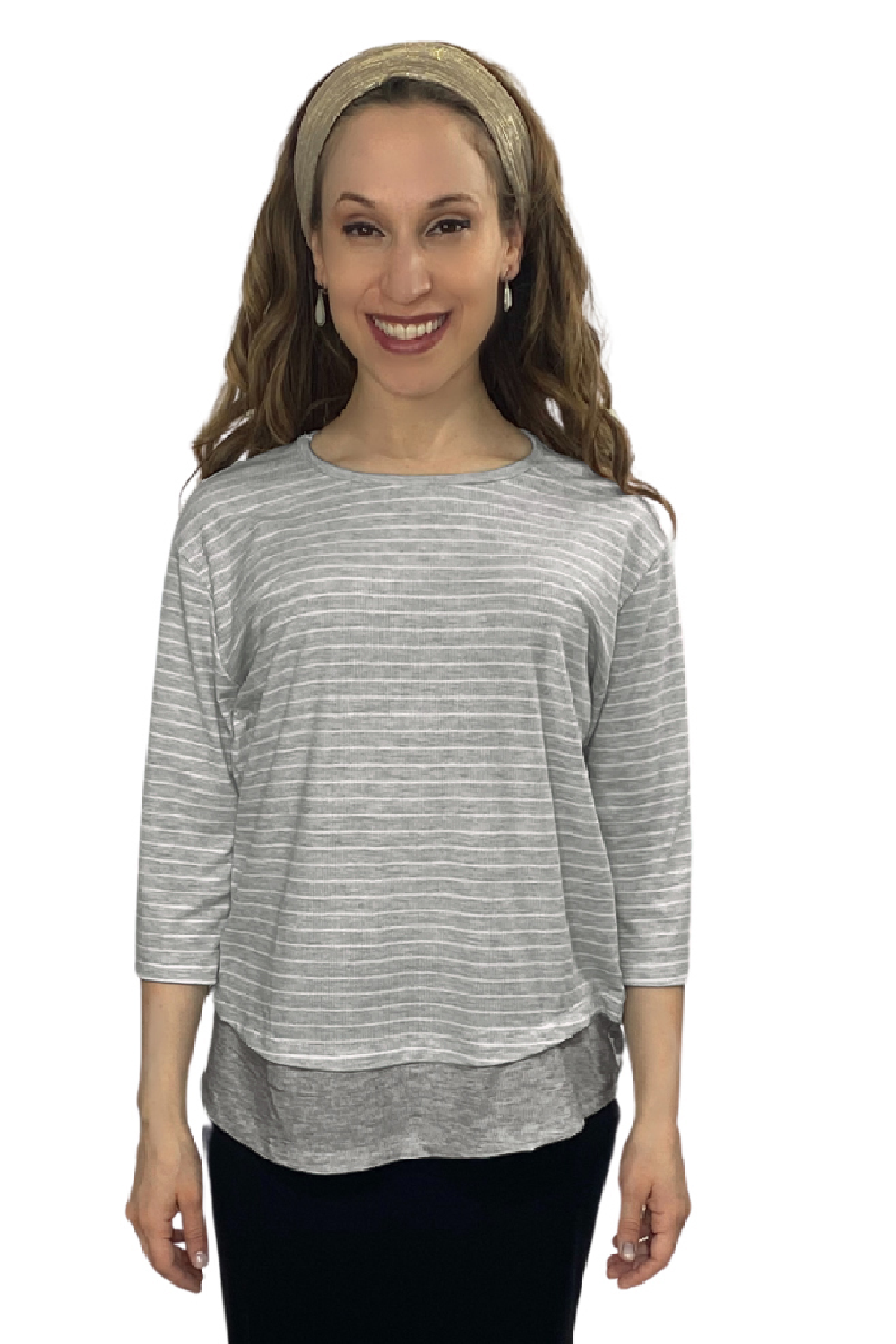 3/4 Sleeve Modest Striped Rib Knit Top with Solid Panel - Hip Length Casual Comfort