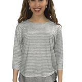 3/4 Sleeve Modest Striped Rib Knit Top with Solid Panel - Hip Length Casual Comfort