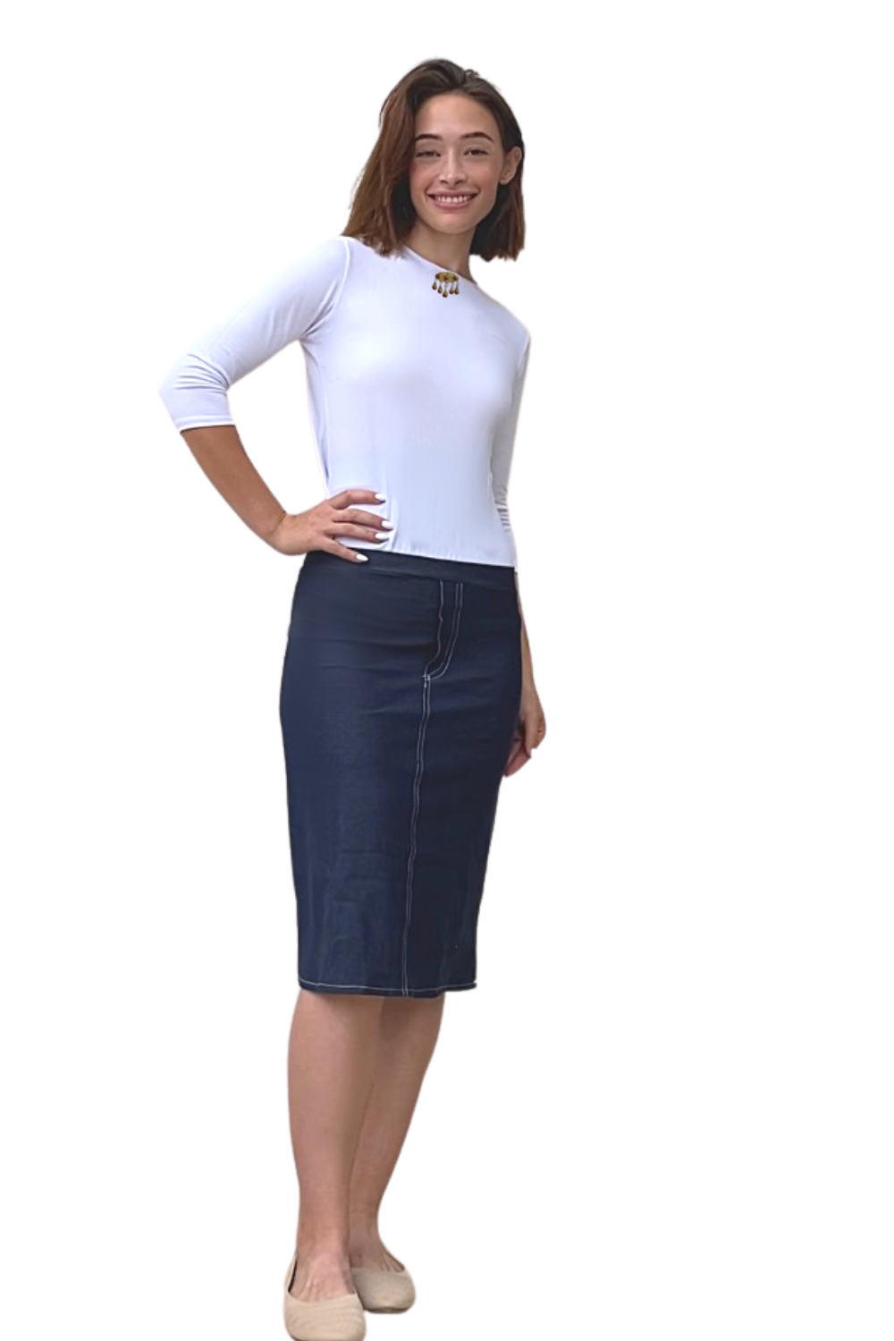 Faux Denim Knit Fitted Pencil Skirt Knee Length