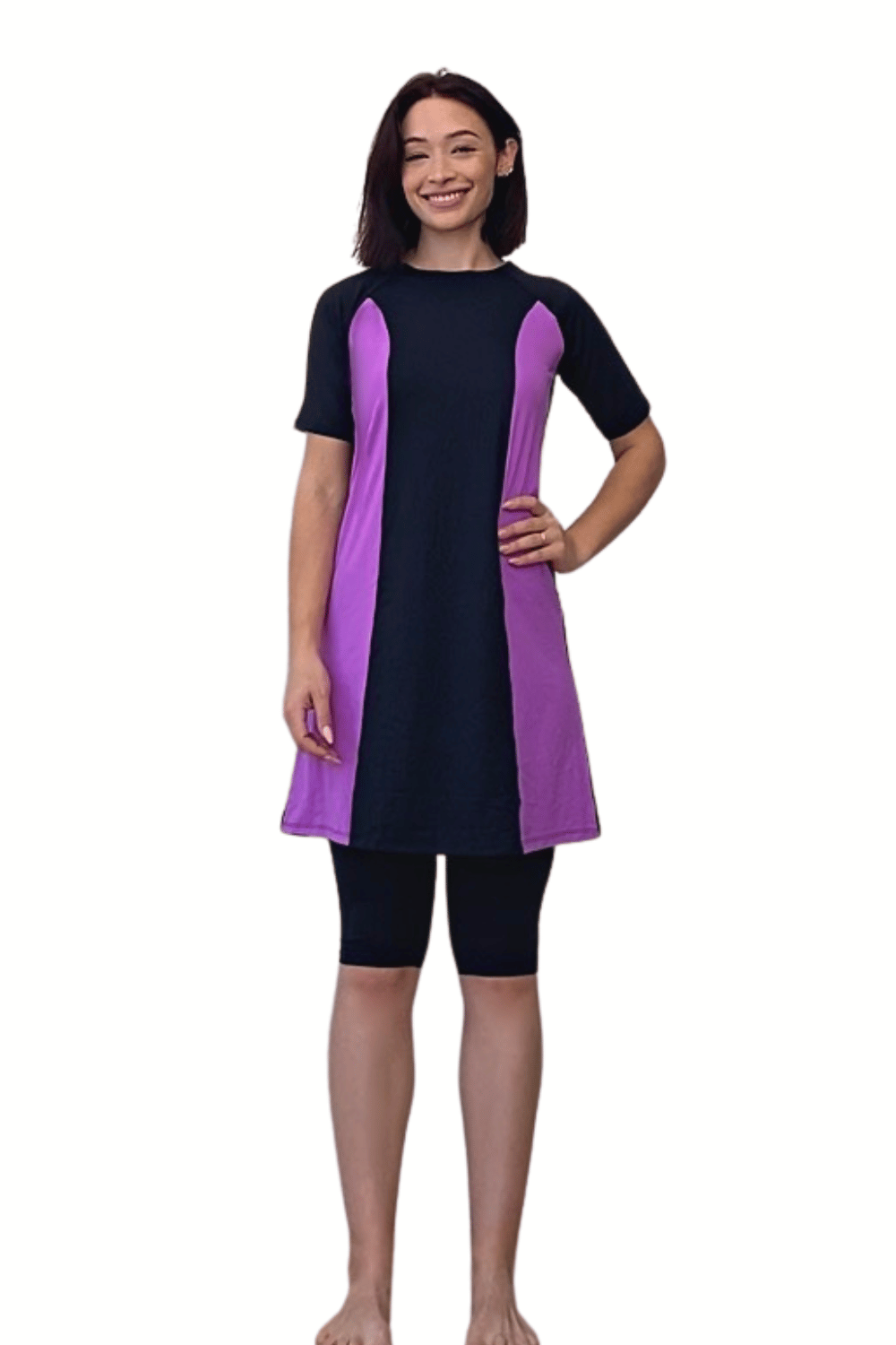 Modest Two-Piece Swim Dress Set - Elbow Sleeves with Knee-Length Leggings Modest Two-Piece Swim Dress Set - Elbow Sleeves with Knee-Length Leggings