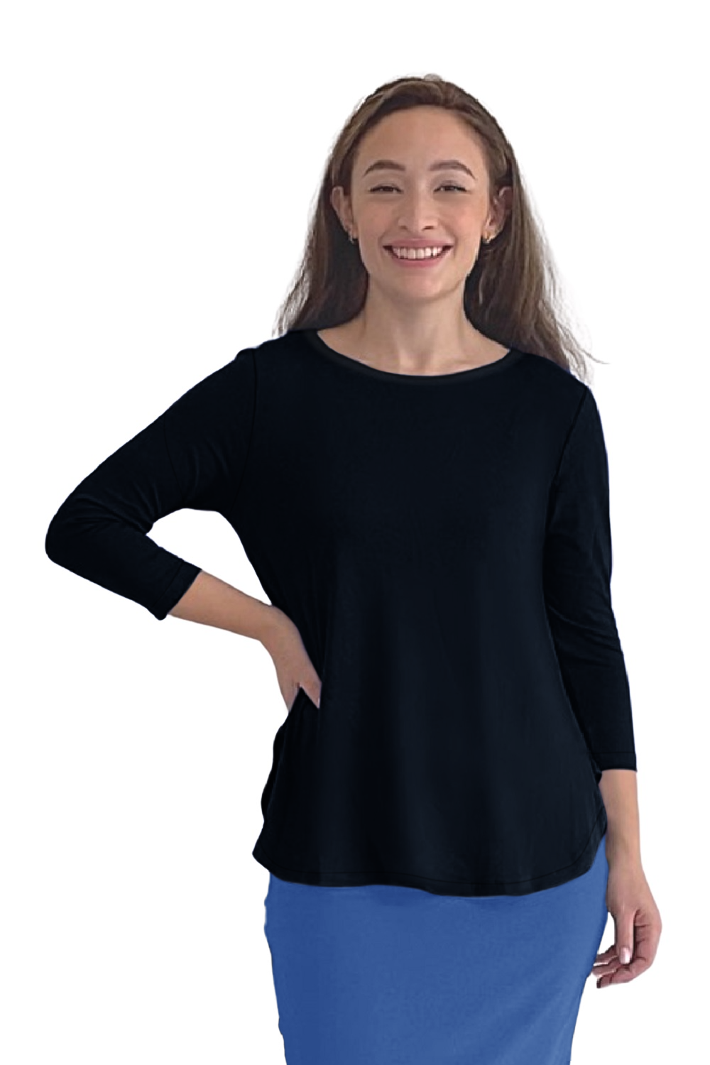 3/4 Sleeve Modest Tunic Top - Crew Neck, Hip Length, Flared Fit