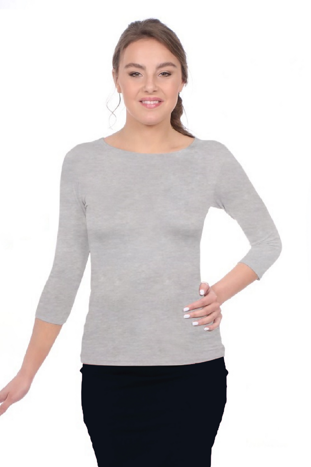 Fitted 3/4 Sleeve Layering Shell - High Round Neckline Slim-Fit Undershirt