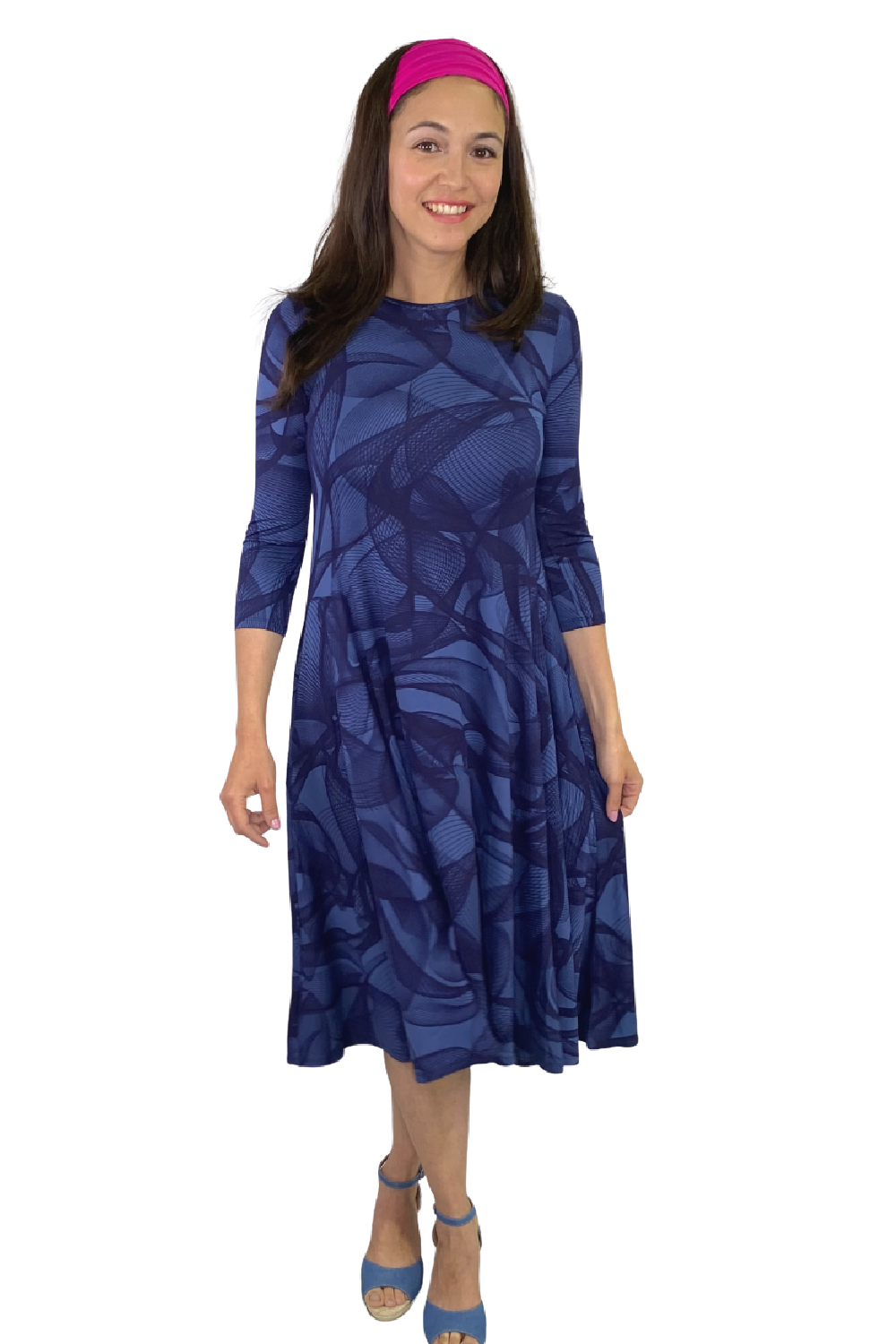 Mid-Calf 3/4 Sleeve Swing Dress with Pockets