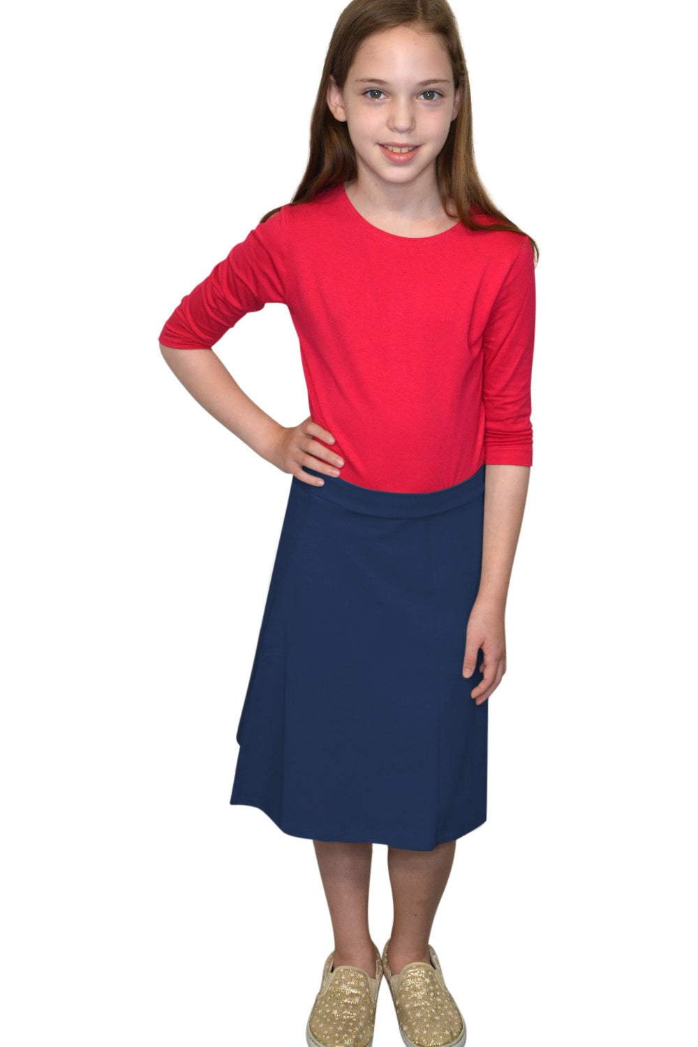 Girls' Cotton-Spandex A-Line Skirt - Knee Length Comfort