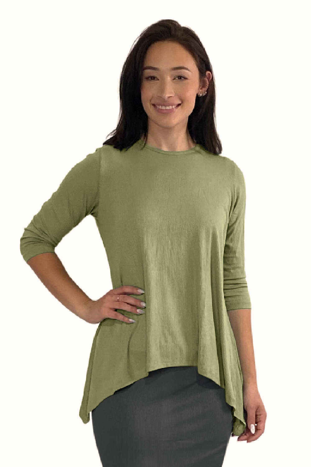 Ribbed Tunic with Handkerchief Hem 3/4 Sleeve