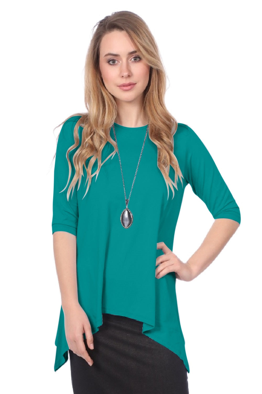 Modest Handkerchief Tunic Top - 3/4 Sleeve Comfort Flow Design - Solid Colors
