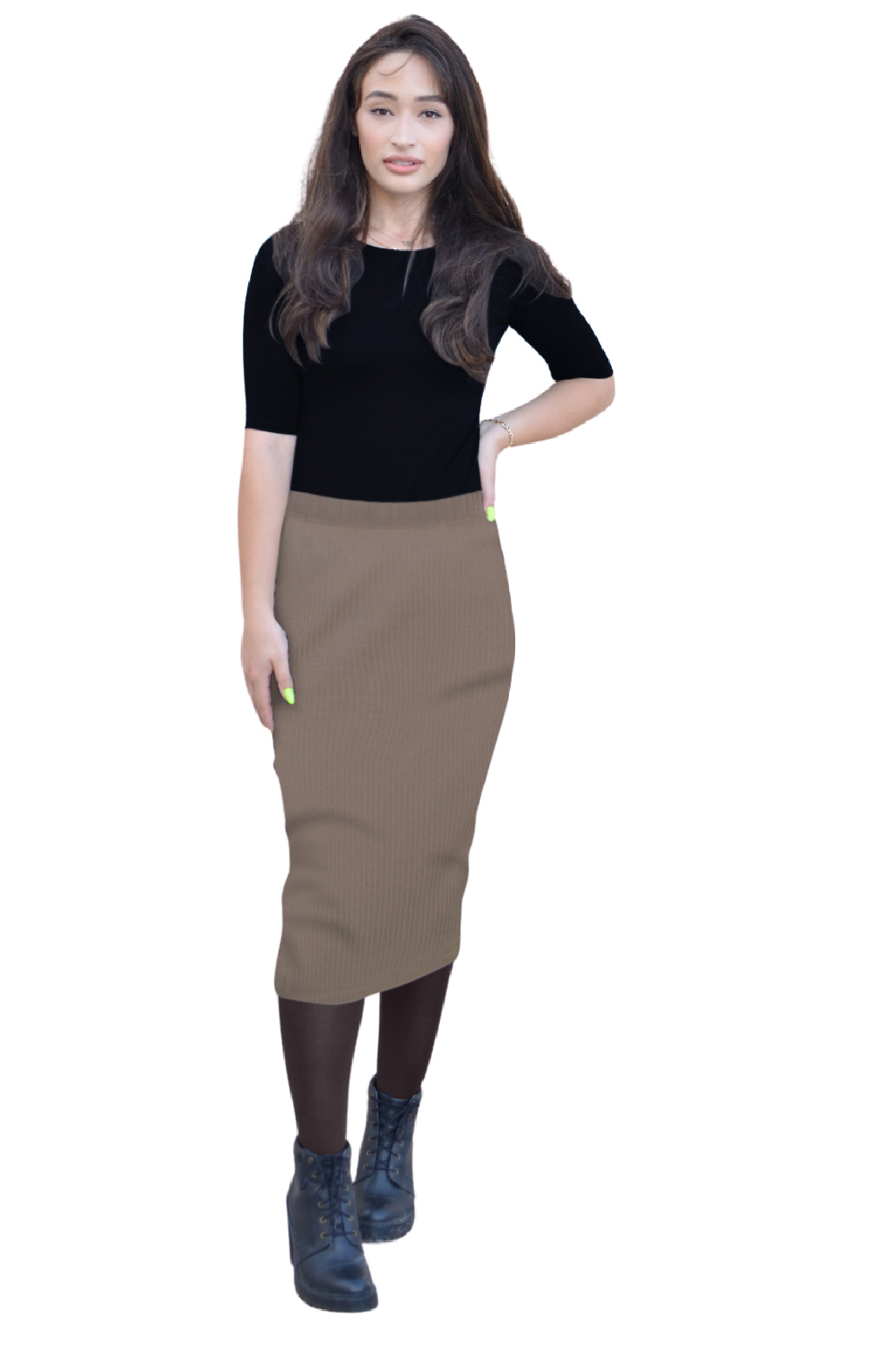 Ribbed Mid-Calf Pencil Skirt