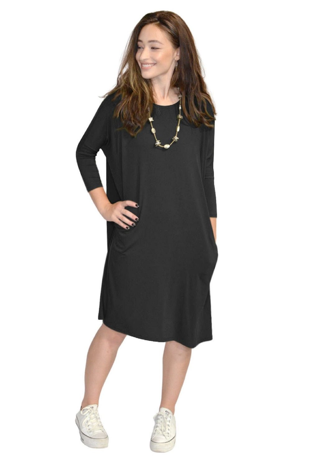 Relaxed Fit Modest 3/4 Sleeve Knee-Length Dress with Pockets Beige / Large/XX-Large