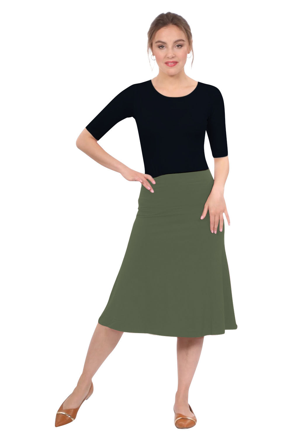 Sleek A-Line Adjustable Waist Midi Skirt with Fold-Over Waistband