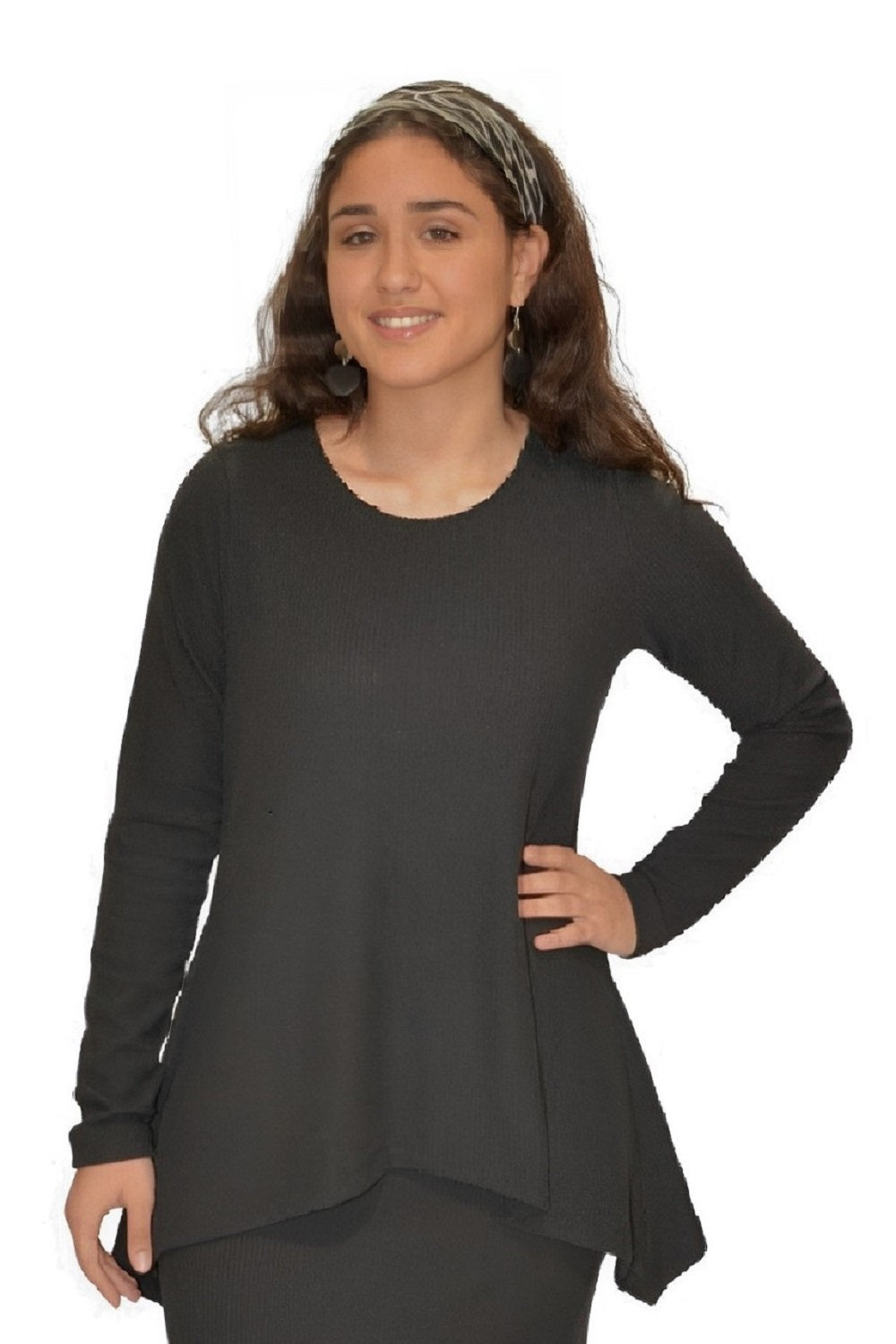 Long Sleeve Ribbed Sweater Tunic with Handkerchief Hem