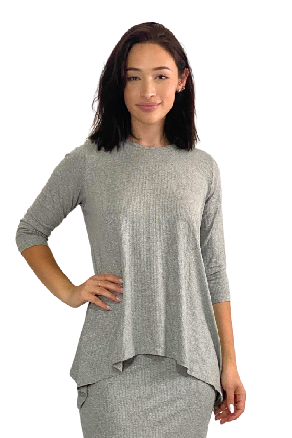 Ribbed Tunic with Handkerchief Hem 3/4 Sleeve