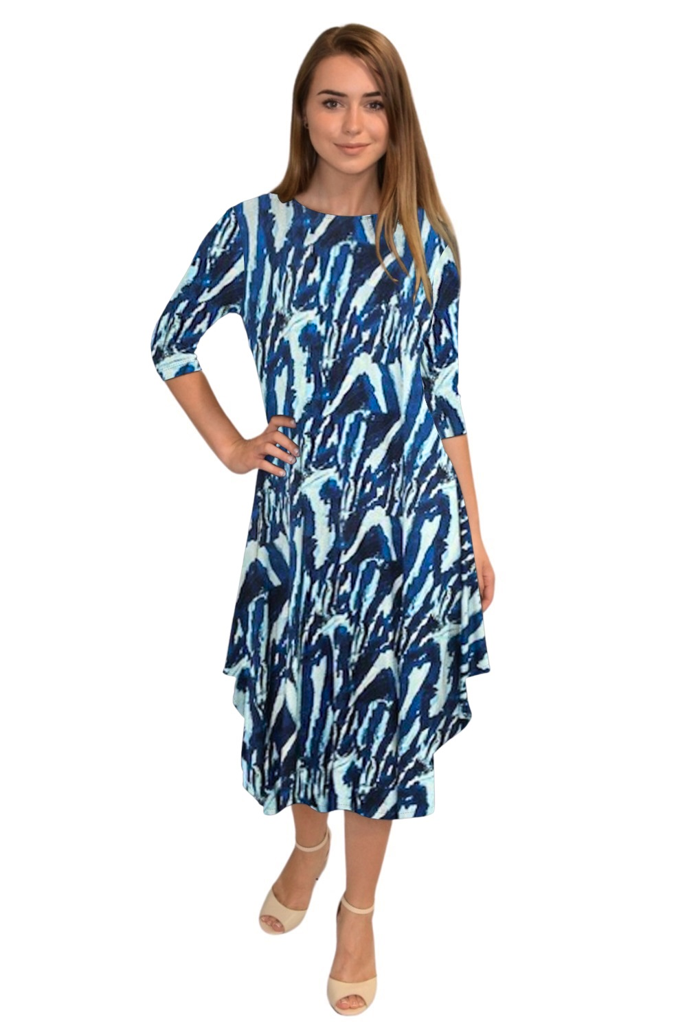 Flowing Midi Dress with 3/4 Sleeves and Dramatic Drape