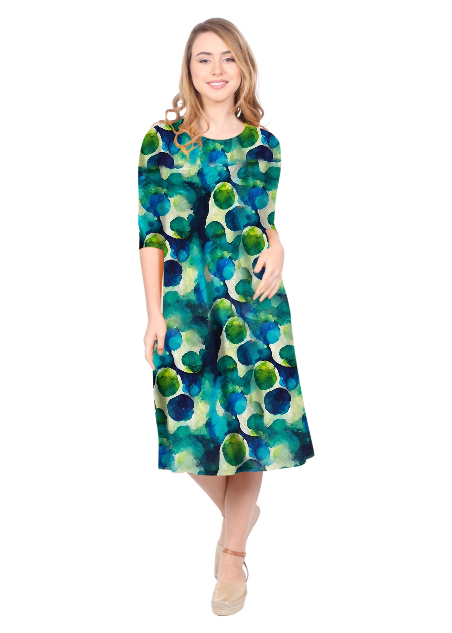 Past The Knee T-Shirt Dress - Comfortable A-Line Silhouette Green/White Dashes / Small Past The Knee T-Shirt Dress - Comfortable A-Line Silhouette Green/White Dashes / Small