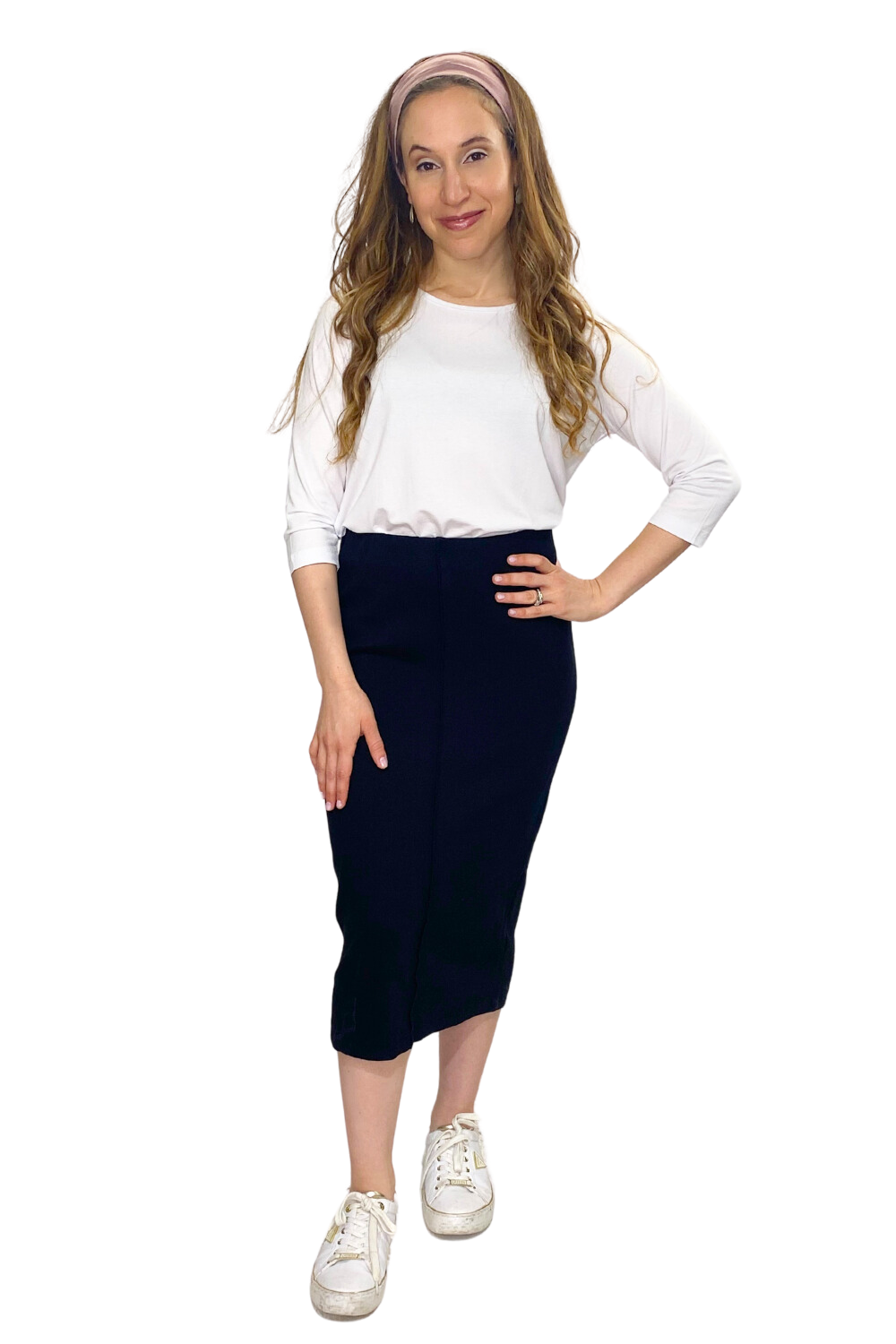 Mid-Calf Cotton Spandex Ribbed Pencil Skirt with Stylish Center Seam