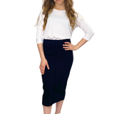 Mid-Calf Cotton Spandex Ribbed Pencil Skirt with Stylish Center Seam