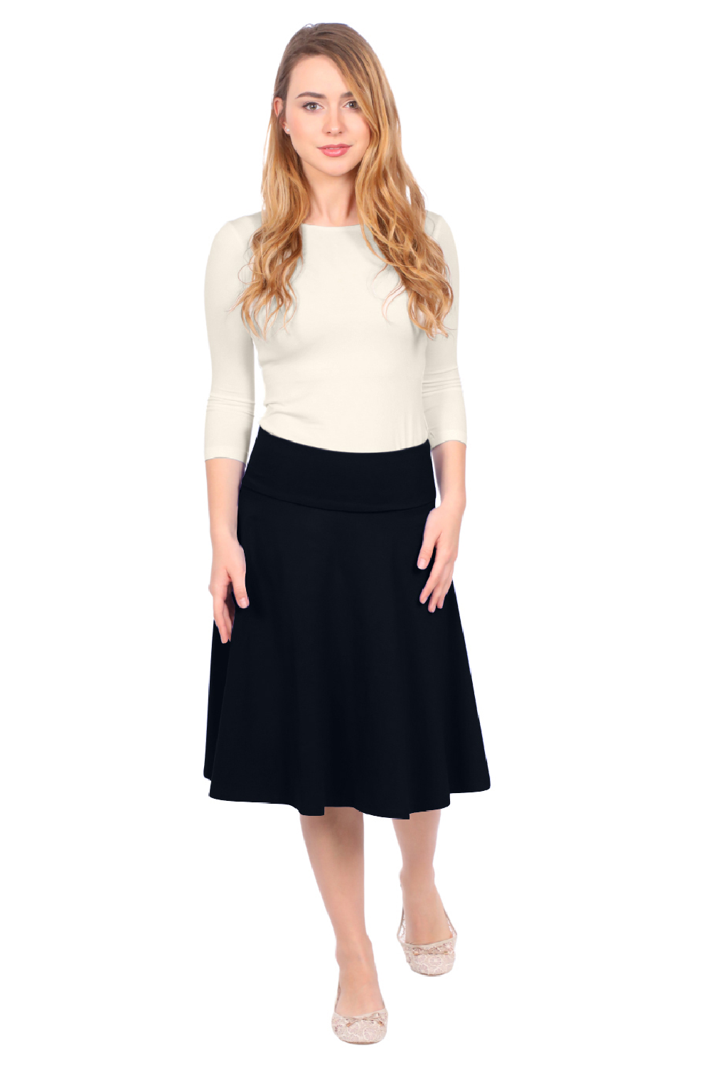 Midi Skater Skirt with Fold-Over Waistband in Cotton Spandex