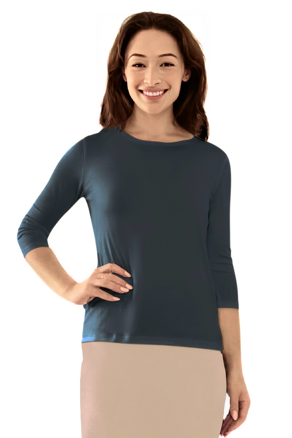 Modest 3/4 Sleeve Layering Shell with Below Collarbone Neckline