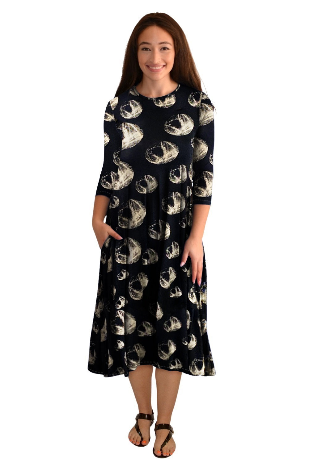 Mid-Calf 3/4 Sleeve Swing Dress with Pockets