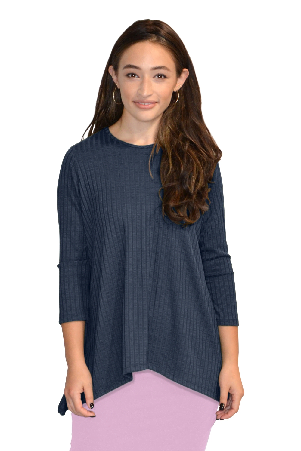 Women's 3/4 Sleeve Wide-Ribbed Handkerchief Tunic