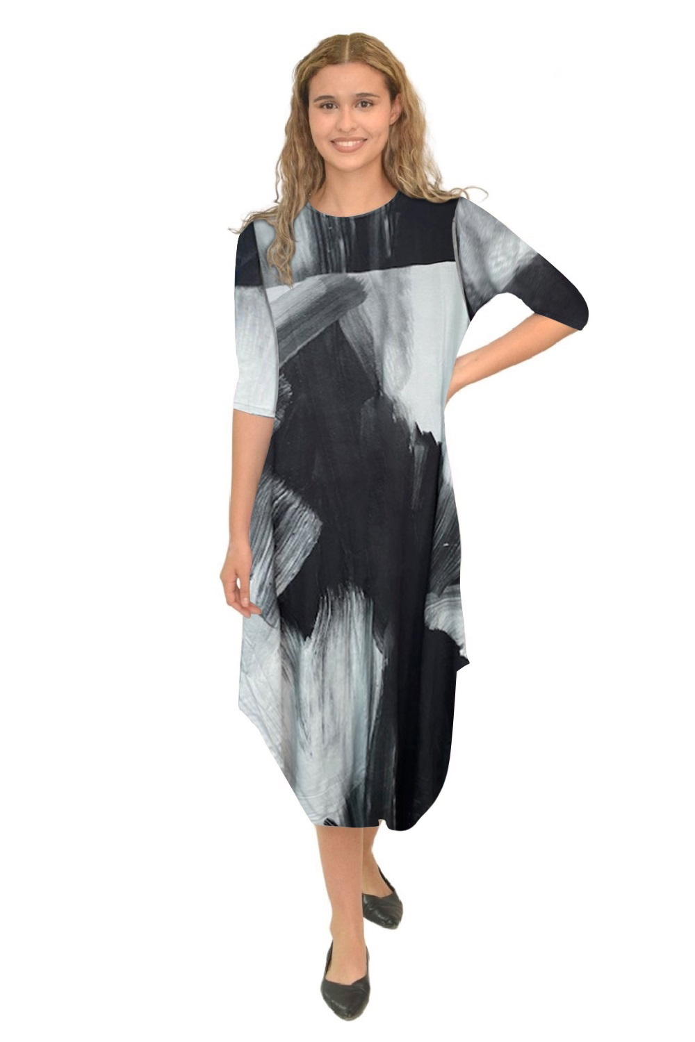 Flowing Midi Dress with 3/4 Sleeves and Dramatic Drape