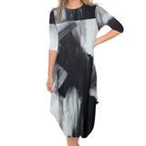 Flowing Midi Dress with 3/4 Sleeves and Dramatic Drape