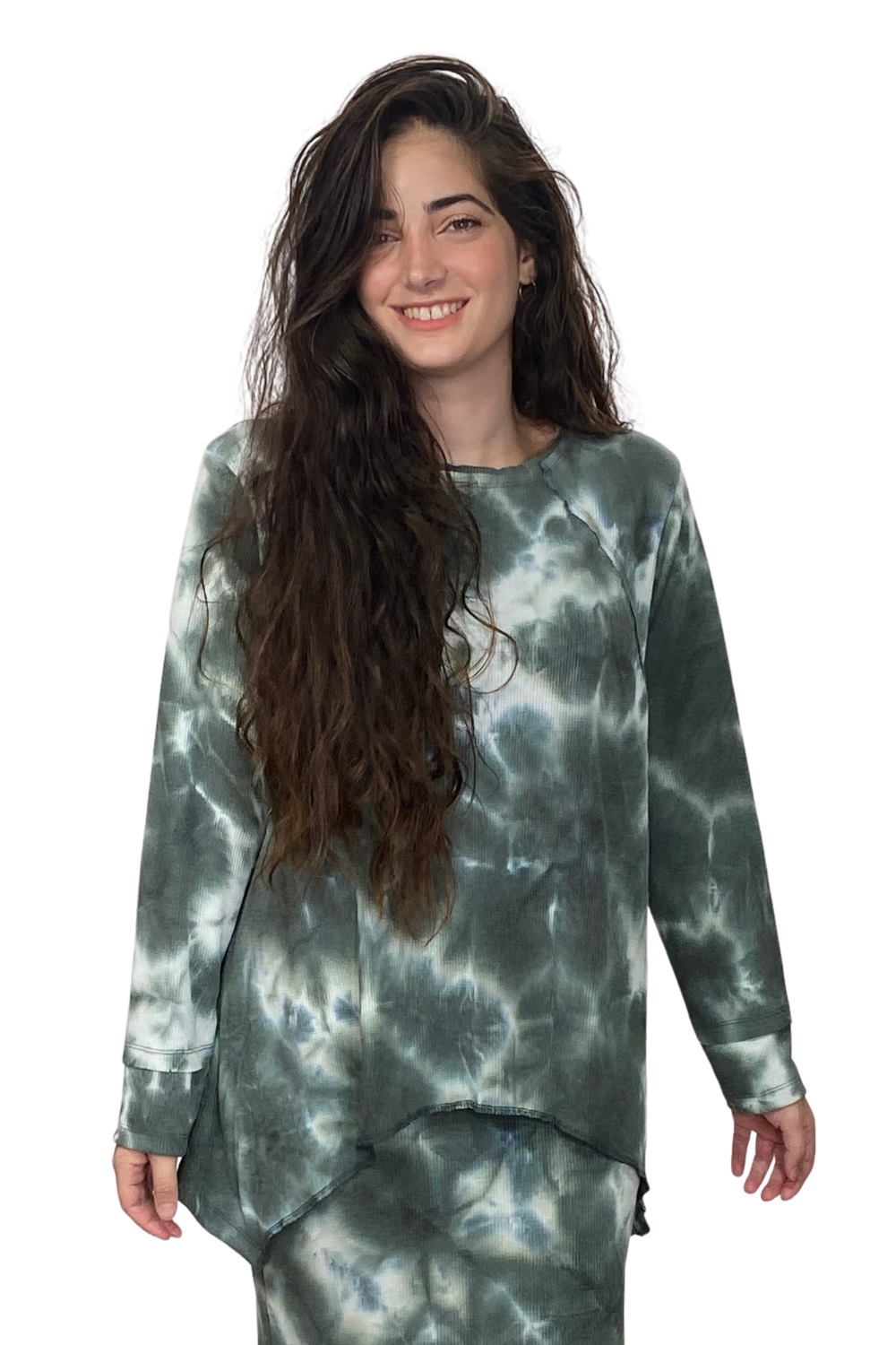 Long Sleeve Relaxed Fit Waffle Tunic - Tie-Dye High-Low Hem