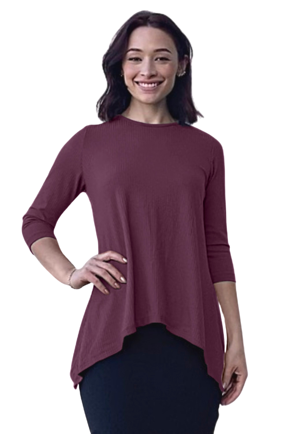 Ribbed Tunic with Handkerchief Hem 3/4 Sleeve