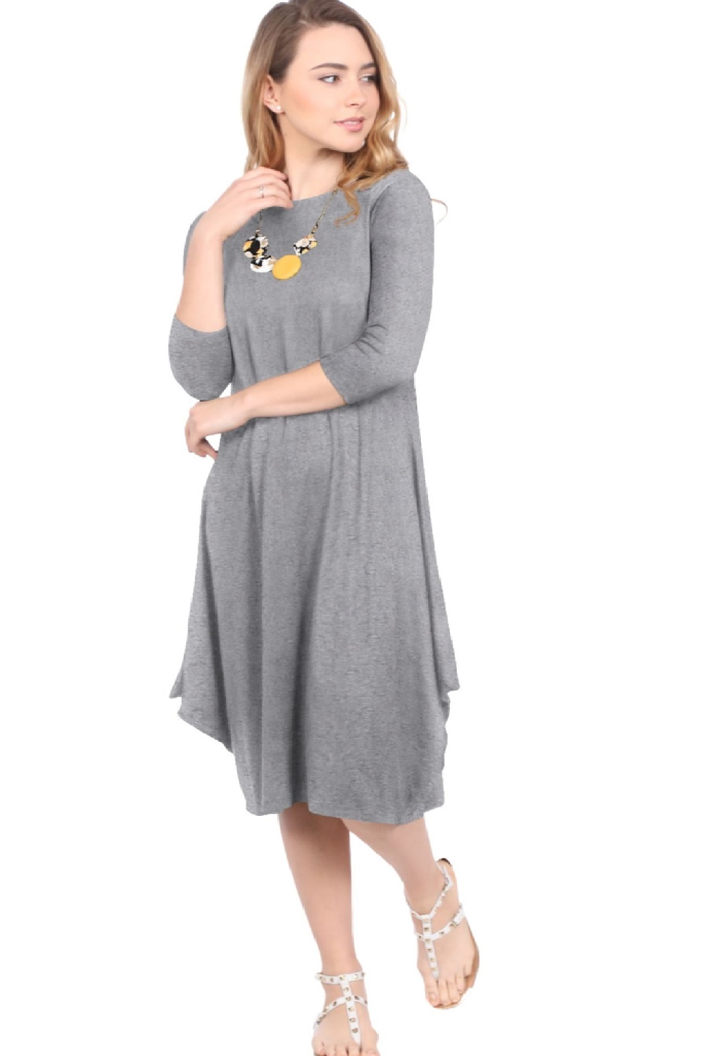 Flowing Midi Dress with 3/4 Sleeves and Dramatic Drape