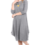 Flowing Midi Dress with 3/4 Sleeves and Dramatic Drape