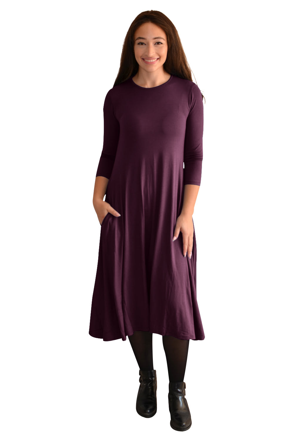 Mid-Calf 3/4 Sleeve Swing Dress with Pockets