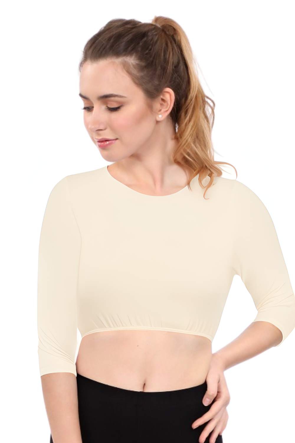 Modest Neck Cropped Layering Tank - Cotton Spandex 3/4 Sleeve Shell Top