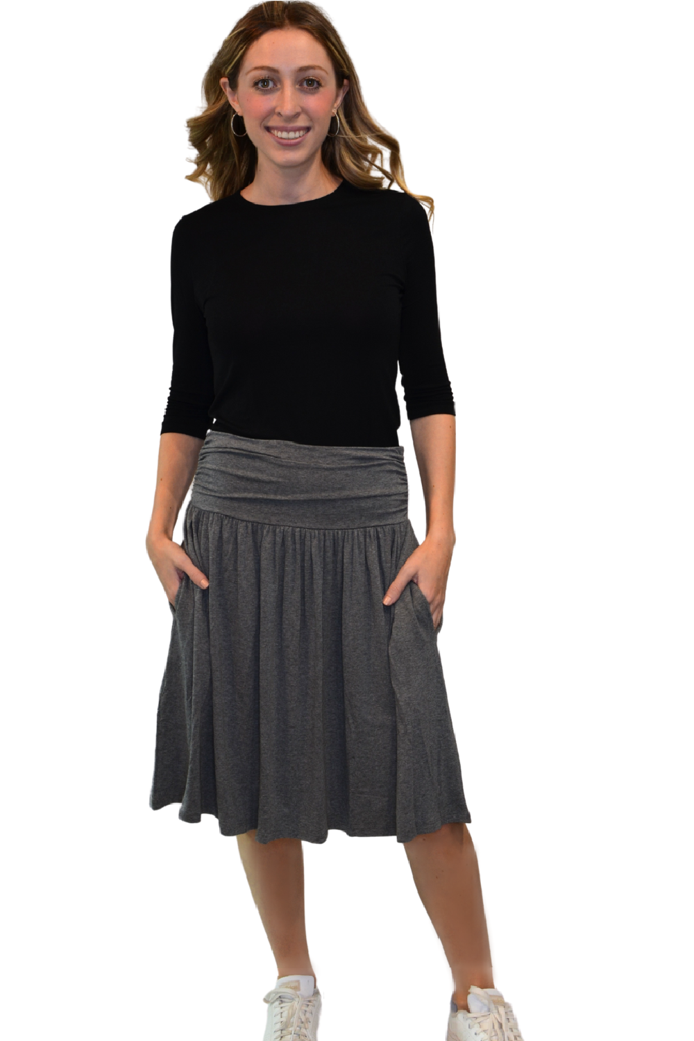 Womens Knee Length Ruched Flowy Skirt with Pockets