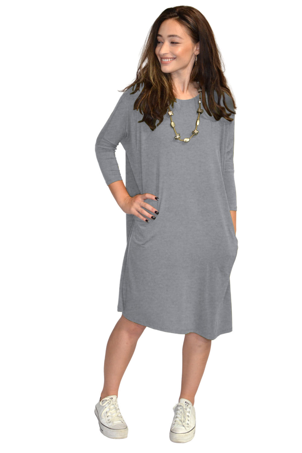 Relaxed Fit Modest 3/4 Sleeve Knee-Length Dress with Pockets