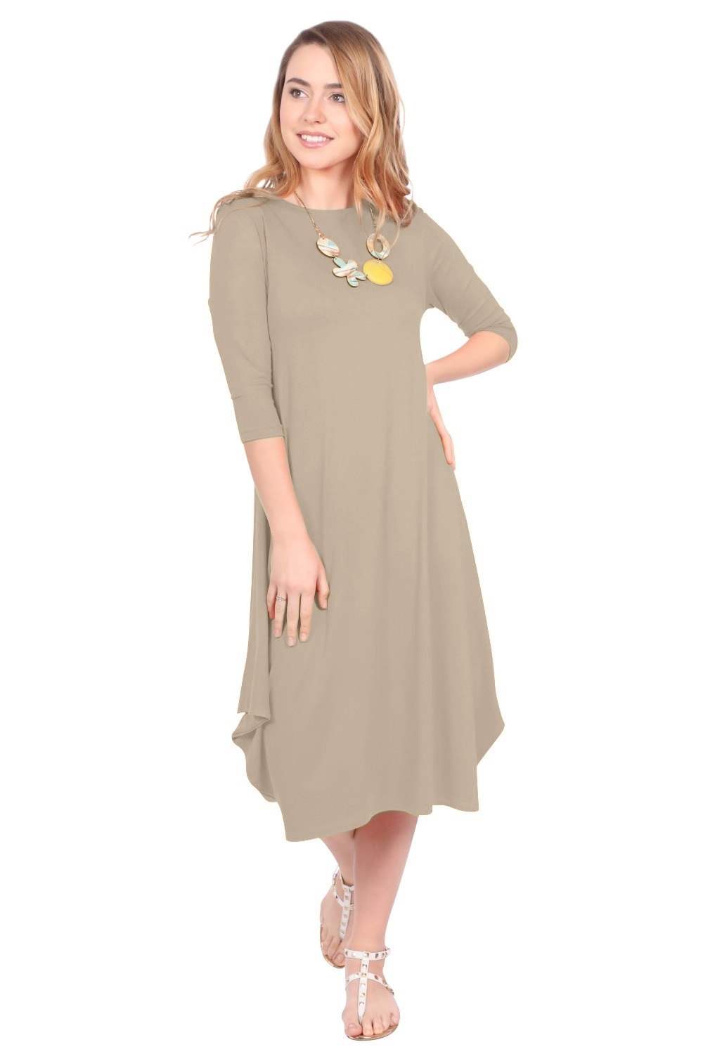 Flowing Midi Dress with 3/4 Sleeves and Dramatic Drape