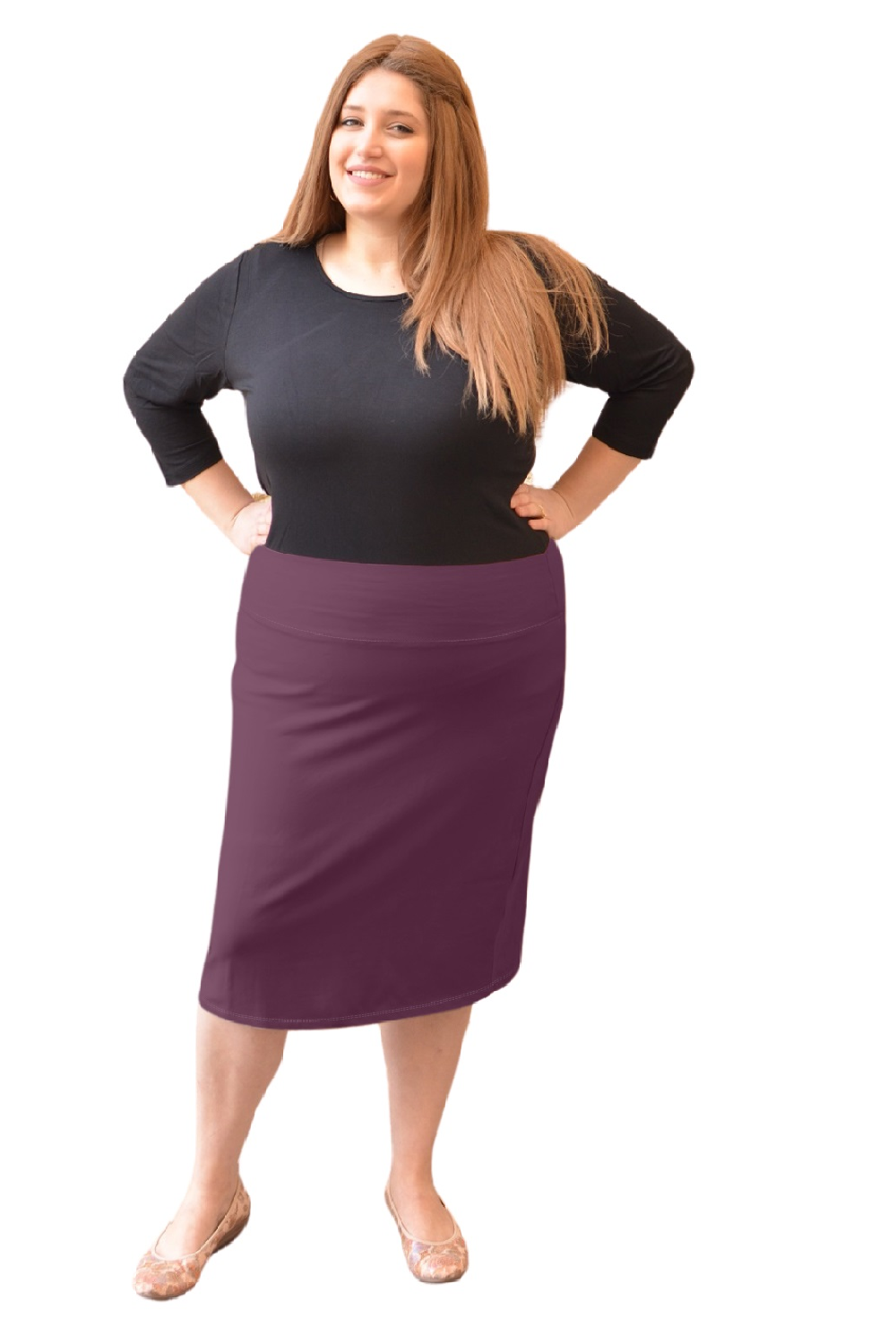 Stretch Knee Length Pencil Skirt for Women in Cotton Spandex Plus Size