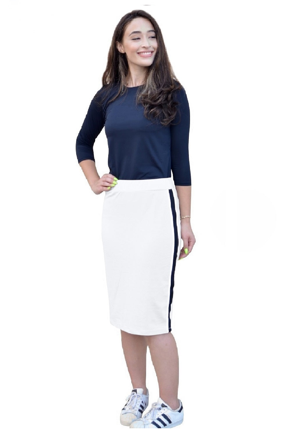 Straight Knee Length Skirt with Side Stripe for Women