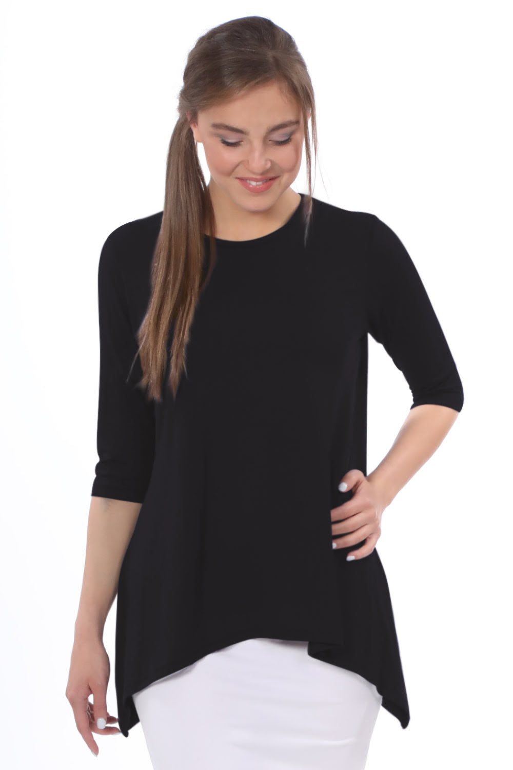 Modest Handkerchief Tunic Top - 3/4 Sleeve Comfort Flow Design