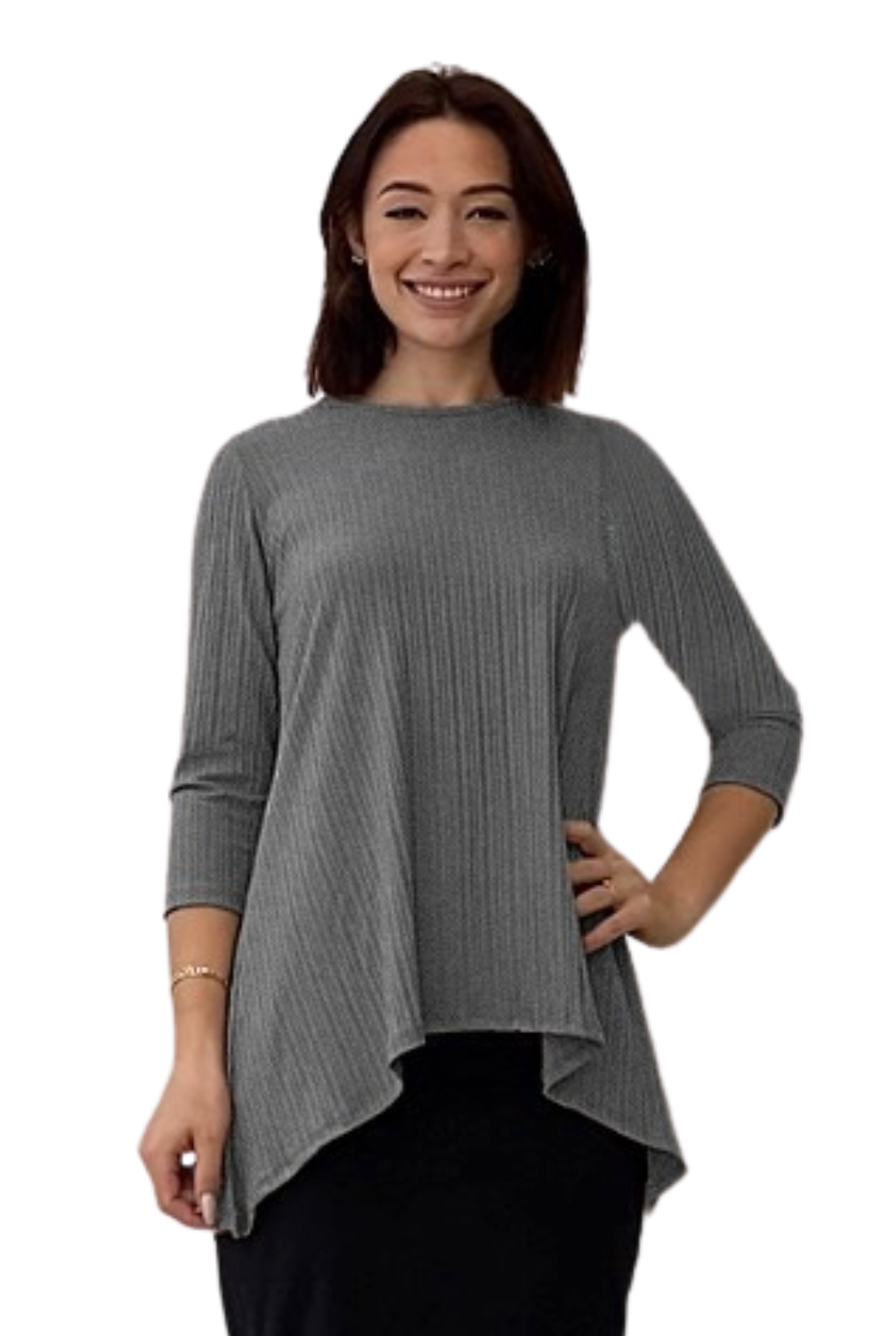 Textured Ribbed Handkerchief Tunic with 3/4 Sleeves