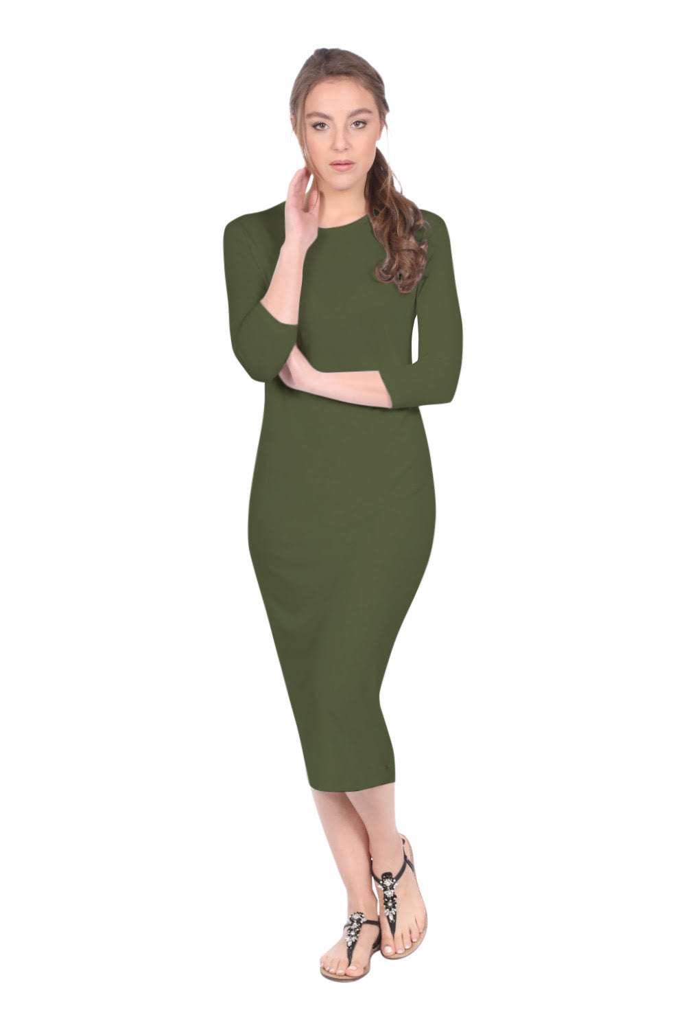 Modest Layering Dress with 3/4 Sleeves and No Slits Olive / X-Small Modest Layering Dress with 3/4 Sleeves and No Slits Olive / X-Small