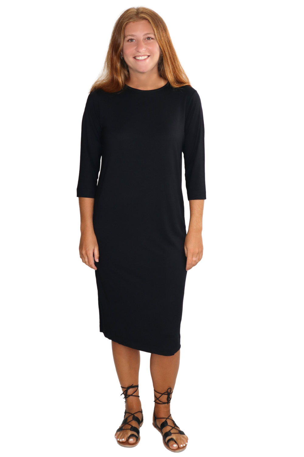 Classic 3/4 Sleeve Modest Knee-Length Shift Dress