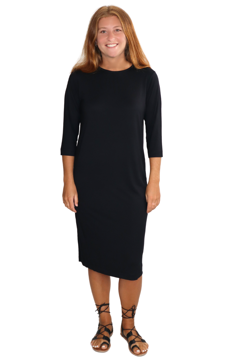 Classic 3/4 Sleeve Modest Knee-Length Shift Dress Black / Small Classic 3/4 Sleeve Modest Knee-Length Shift Dress Black / Small