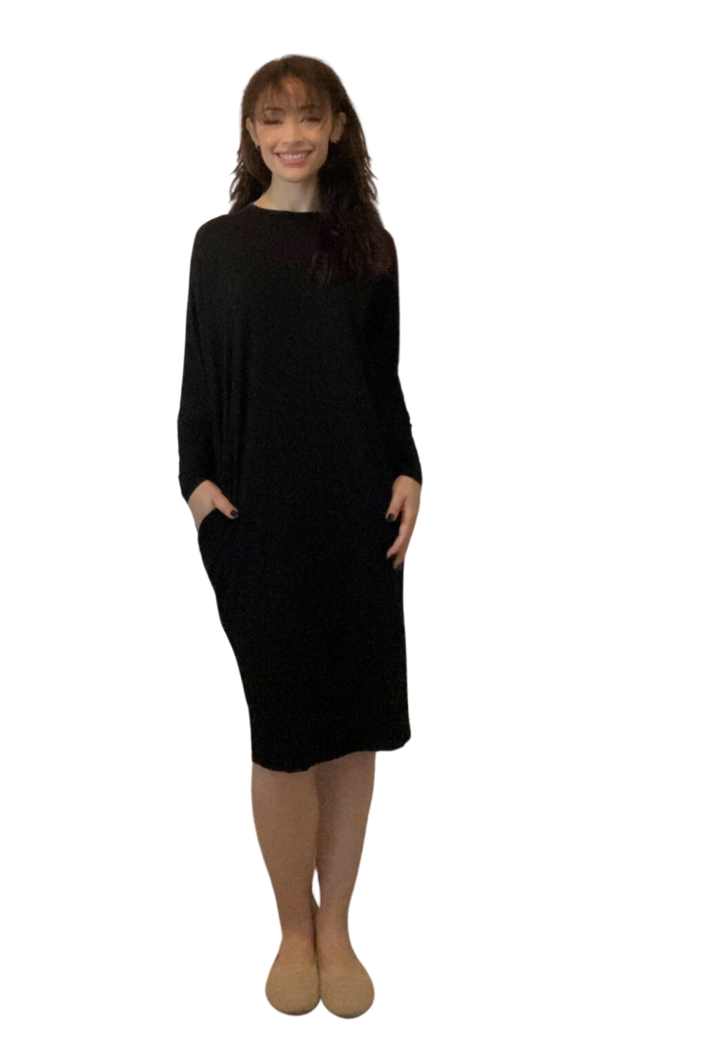 Batwing Long Sleeve Midi Dress with Pockets - Versatile Loose Fit Style