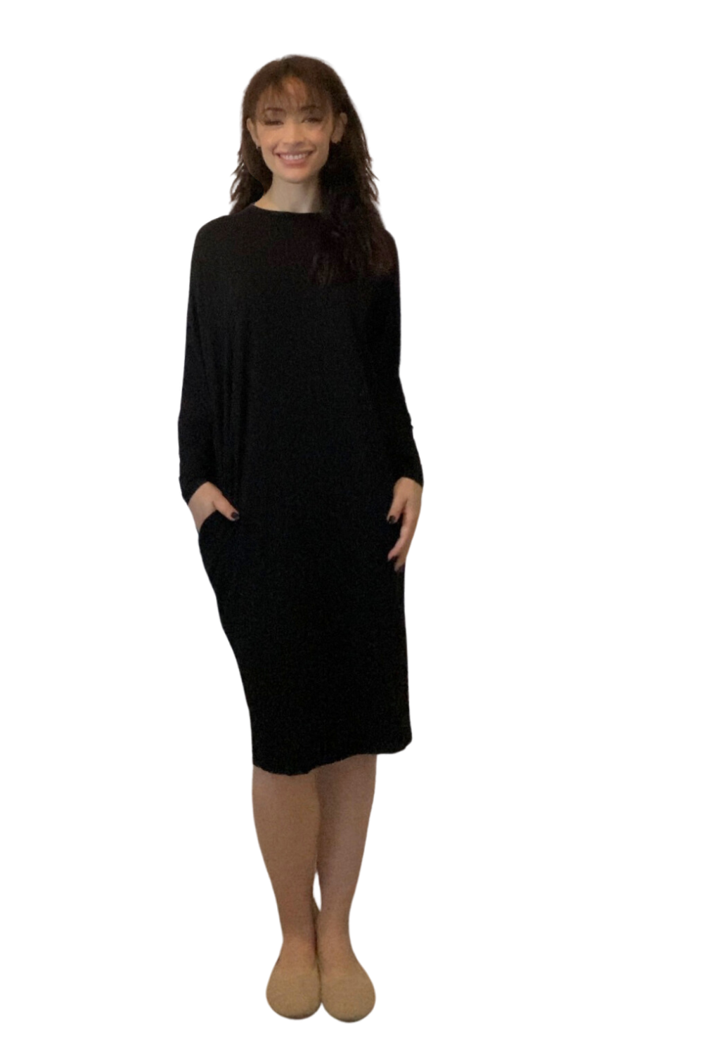 Batwing Long Sleeve Casual Comfort Midi Dress with Pockets Black / One Size Batwing Long Sleeve Casual Comfort Midi Dress with Pockets Black / One Size