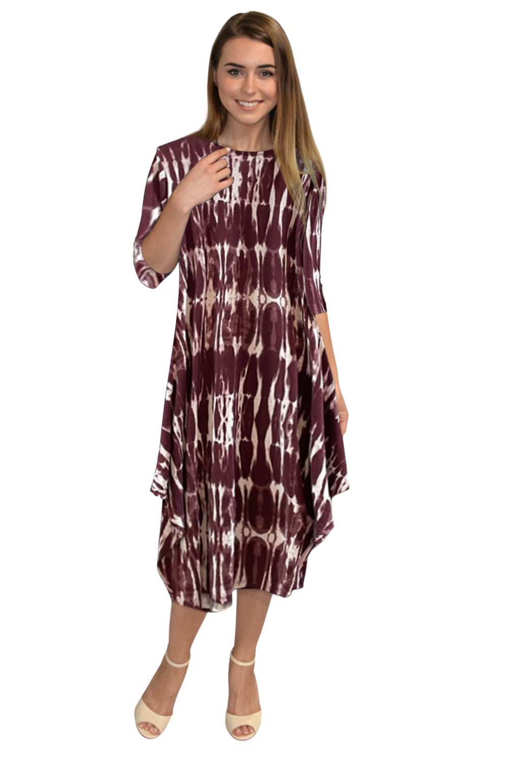 Flowing Midi Dress with 3/4 Sleeves and Dramatic Drape