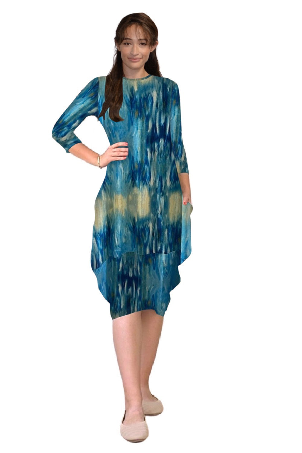 3/4 Sleeve Tulip Cocoon Dress - Mid-Calf Length with Pockets