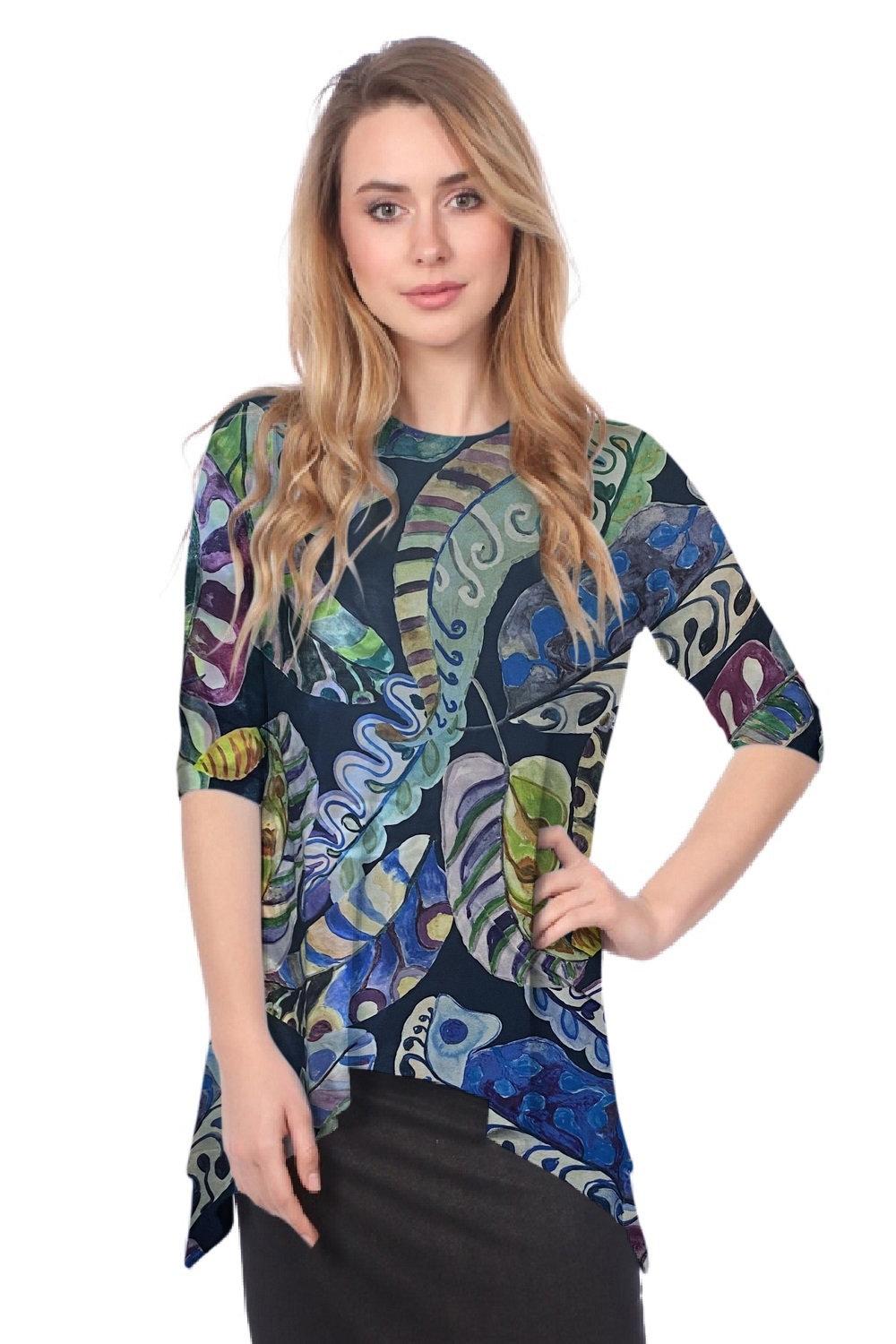 Modest Handkerchief Tunic Top - 3/4 Sleeve Comfort Flow Design