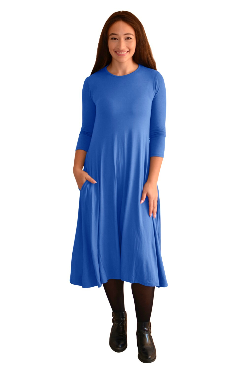 Mid-Calf 3/4 Sleeve Swing Dress with Pockets